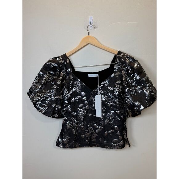 Jonathan Simkhai Women's Size 2 Black Metallic Taylor Wrap Top Puff Sleeve NWT - Picture 5 of 13